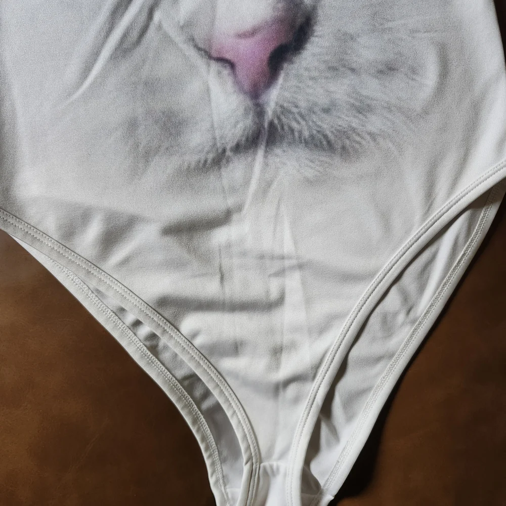 Forever 21 White Cat Face Tank Bodysuit with Blue Eyes
